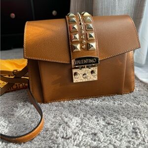 Mario Valentino Tan Crossbody Bag with Gold Accents